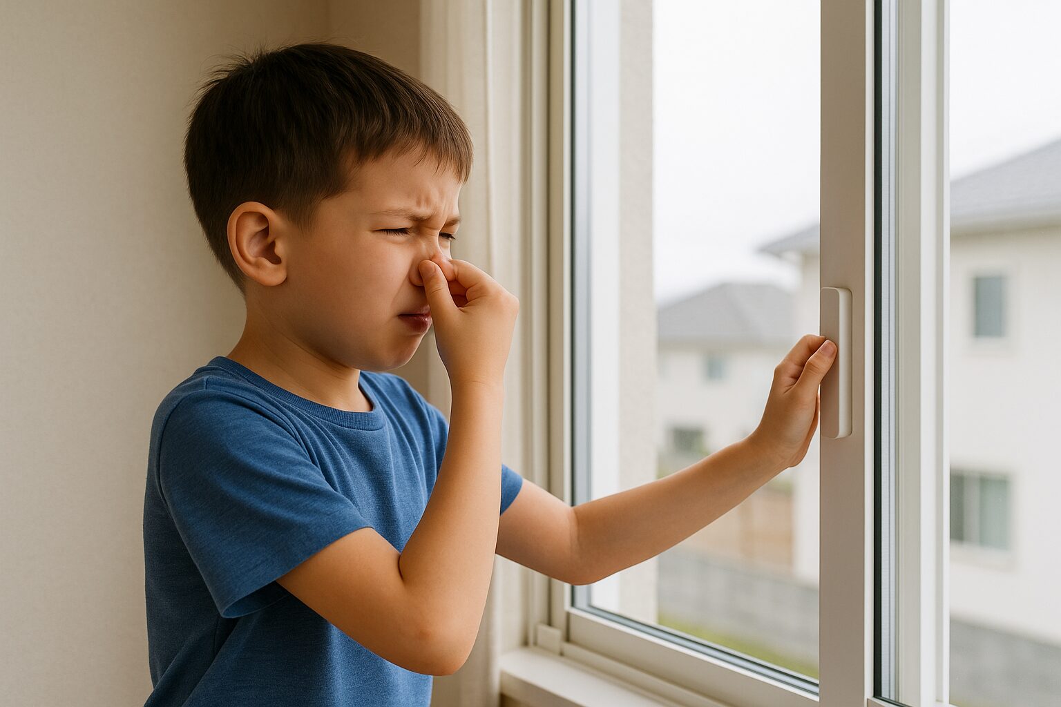 子供が外壁塗装の匂いに困って窓を開けている様子。塗料の臭気対策のイメージ写真。