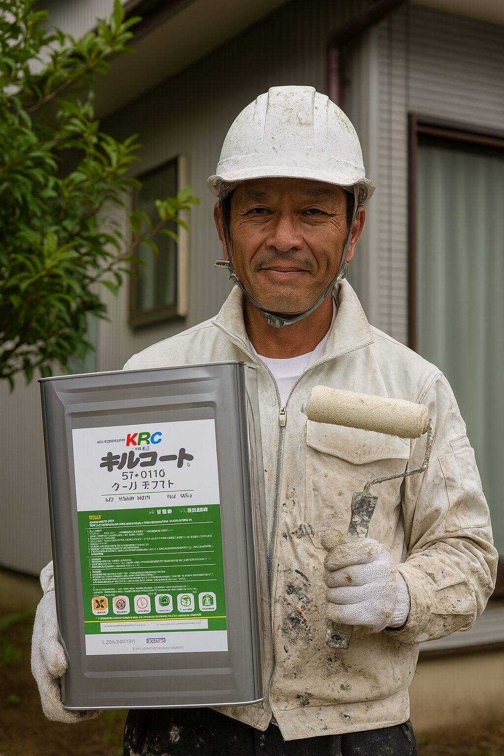 外壁塗装で職人がキルコートの缶を手に持ちローラーで施工している様子。裾野市の外壁塗装におすすめの断熱・遮熱塗料。