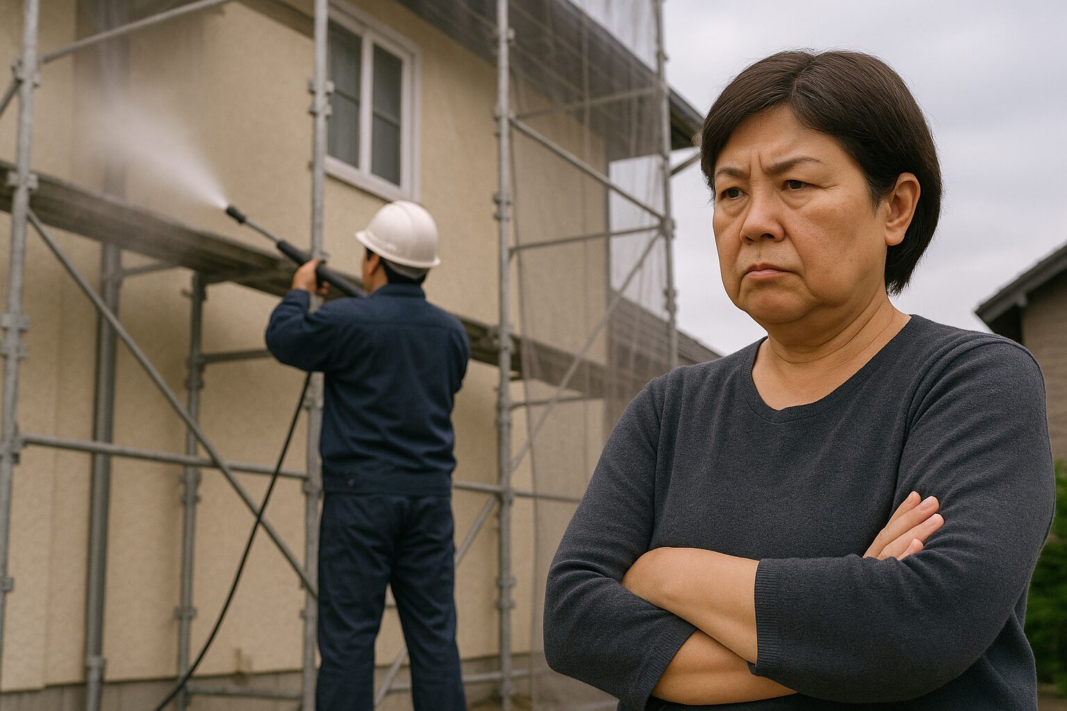 外壁塗装の高圧洗浄で水しぶきが飛び、少し離れた場所から不満そうににらむ近隣の女性