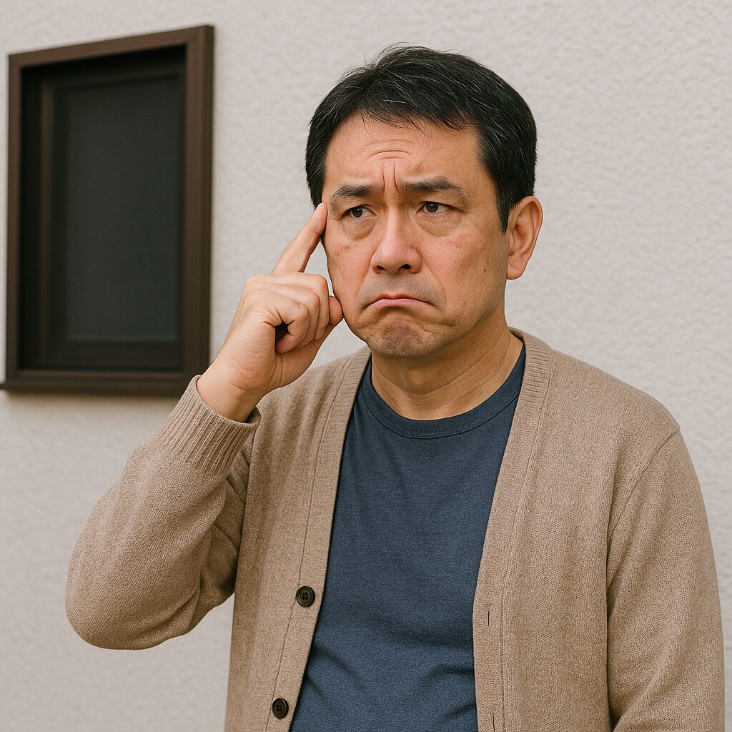 御殿場市で外壁塗装の業者選びに悩む施主の写真。50代男性が家の前で困った表情をしている様子。