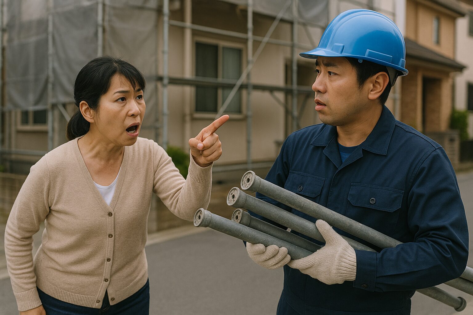 御殿場市の外壁塗装工事で、足場を運ぶ職人に怒る住民の女性。近隣トラブルのイメージ写真。