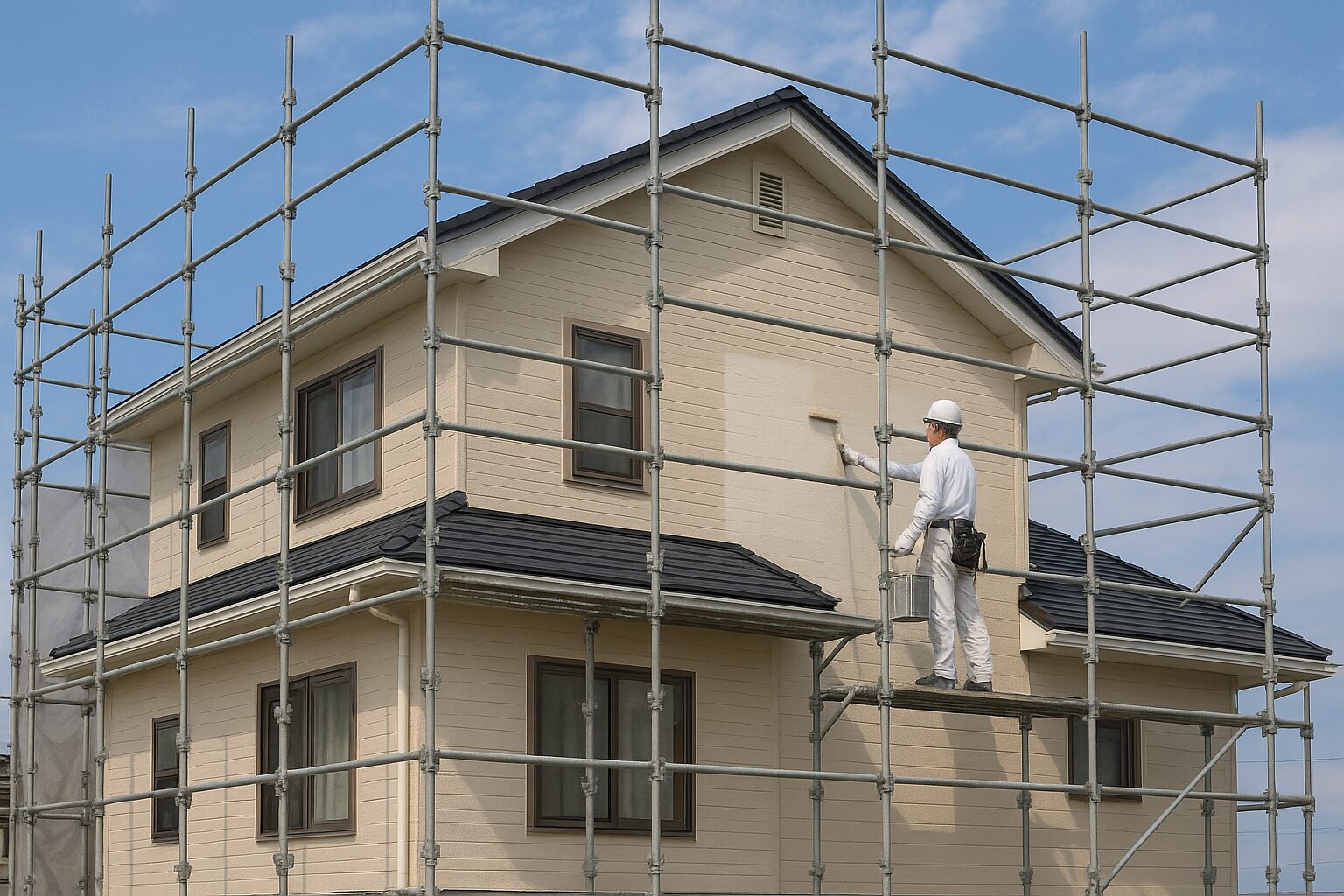 御殿場市で外壁塗装と屋根工事を行う住宅の足場と作業風景