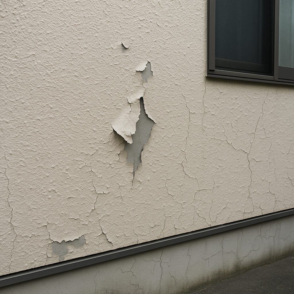 外壁塗装の不具合で塗膜が剥がれた住宅の壁の写真