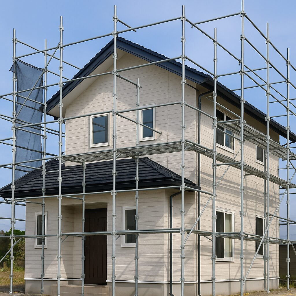 長泉町の住宅で外壁塗装工事のために足場を組んでいる様子。二階建て住宅を囲む足場とメッシュシート。