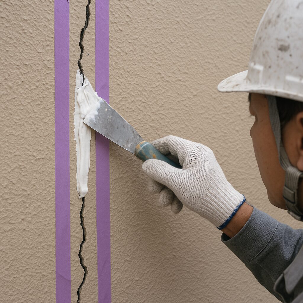 長泉町で外壁塗装前に行う下地補修作業。職人が外壁のひび割れにシーリング材を充填して補修している様子。