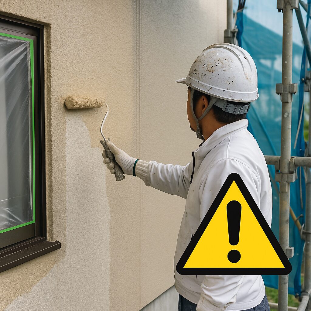 外壁をローラーで塗装している職人の写真。黄色い注意マークが表示されており、施工に注意が必要なことを示しています。
