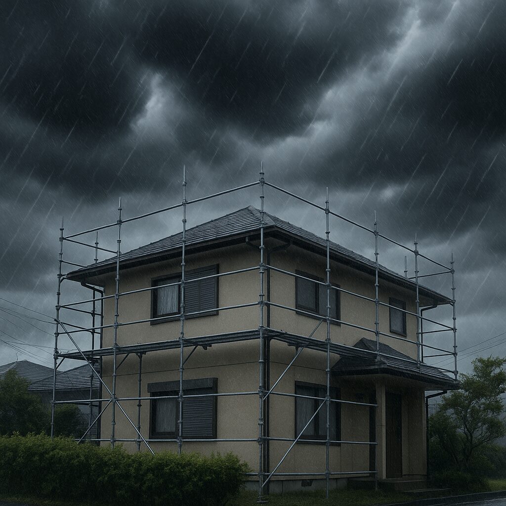 台風の豪雨の中で足場が組まれた二階建て住宅の写真