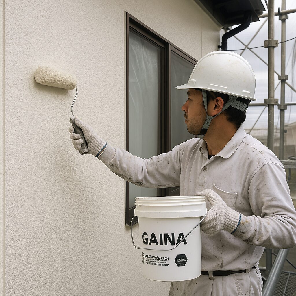 「函南町で外壁塗装に断熱塗料ガイナを施工する職人。ローラーで外壁に白色塗料を丁寧に塗っている様子」