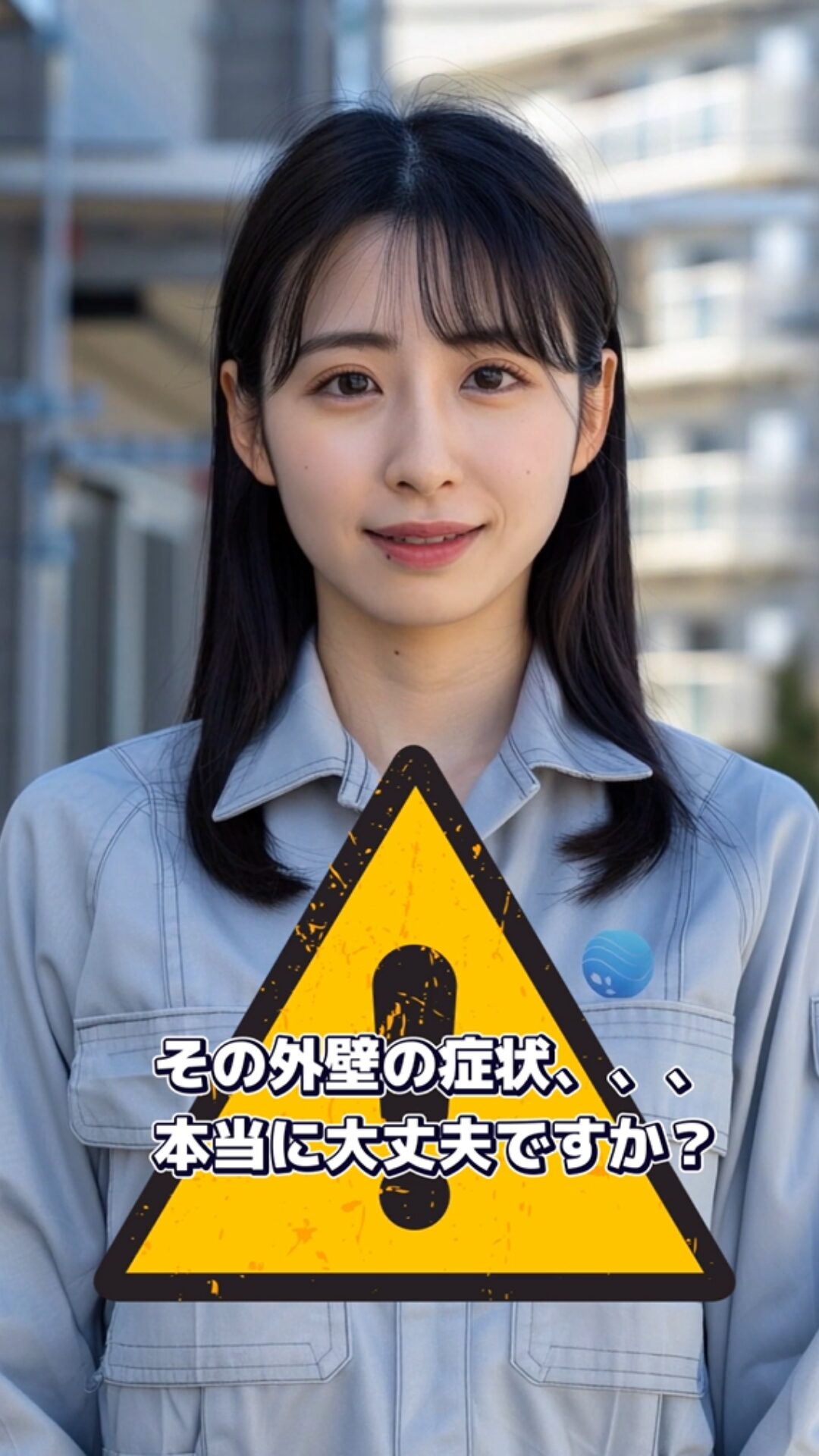 外壁のクラック・ひび割れ・チョーキング放置による劣化リスクを警告する女性スタッフ